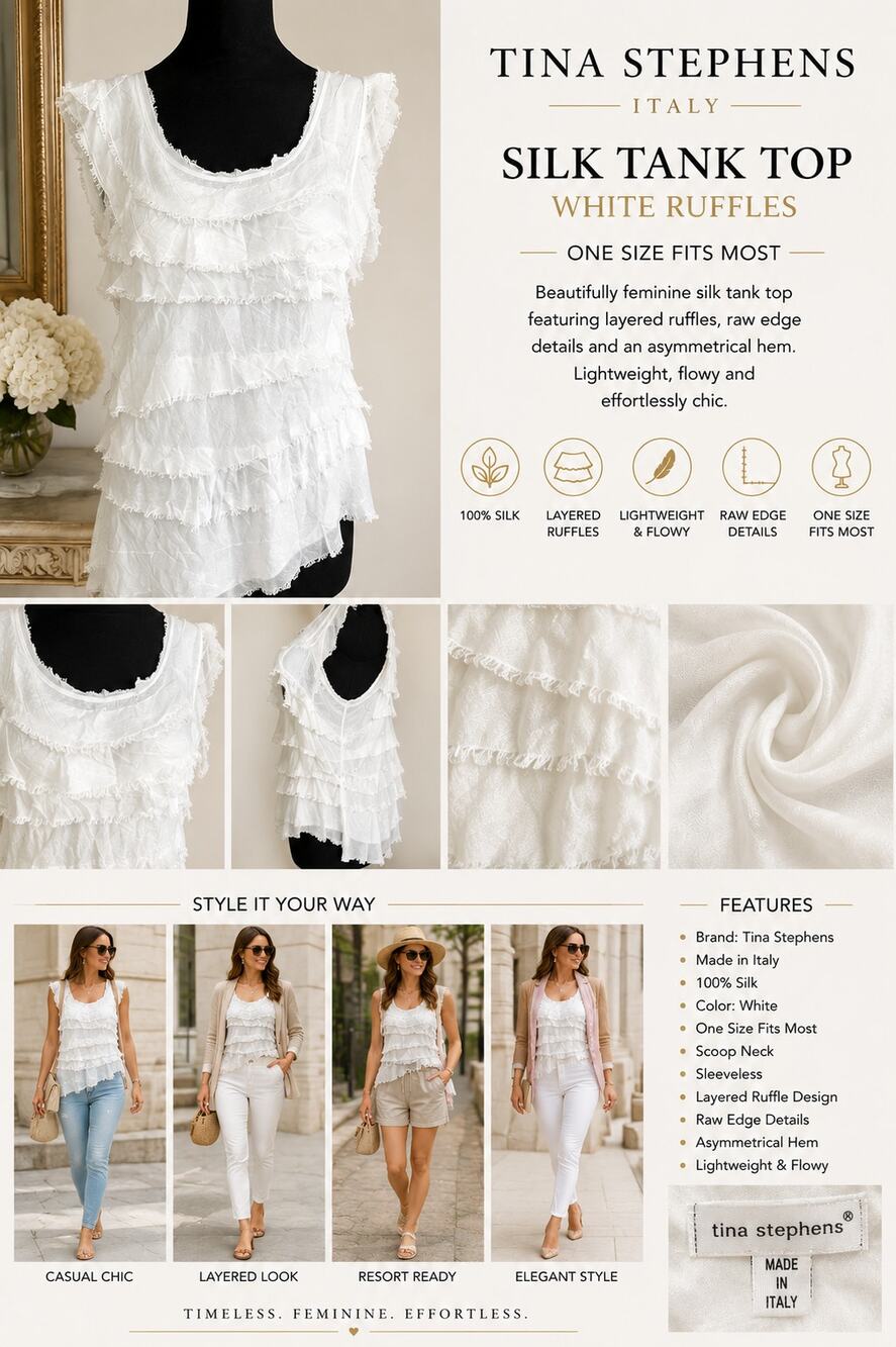 Tina Stephens Italy Silk Tank Top White Ruffles OS Boho Romantic